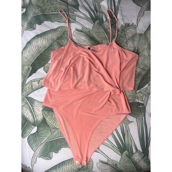 San Julian Light Peach Orange Ruffle Flounce Tank Top Bodysuit Sz Large Stretch - Picture 4 of 7